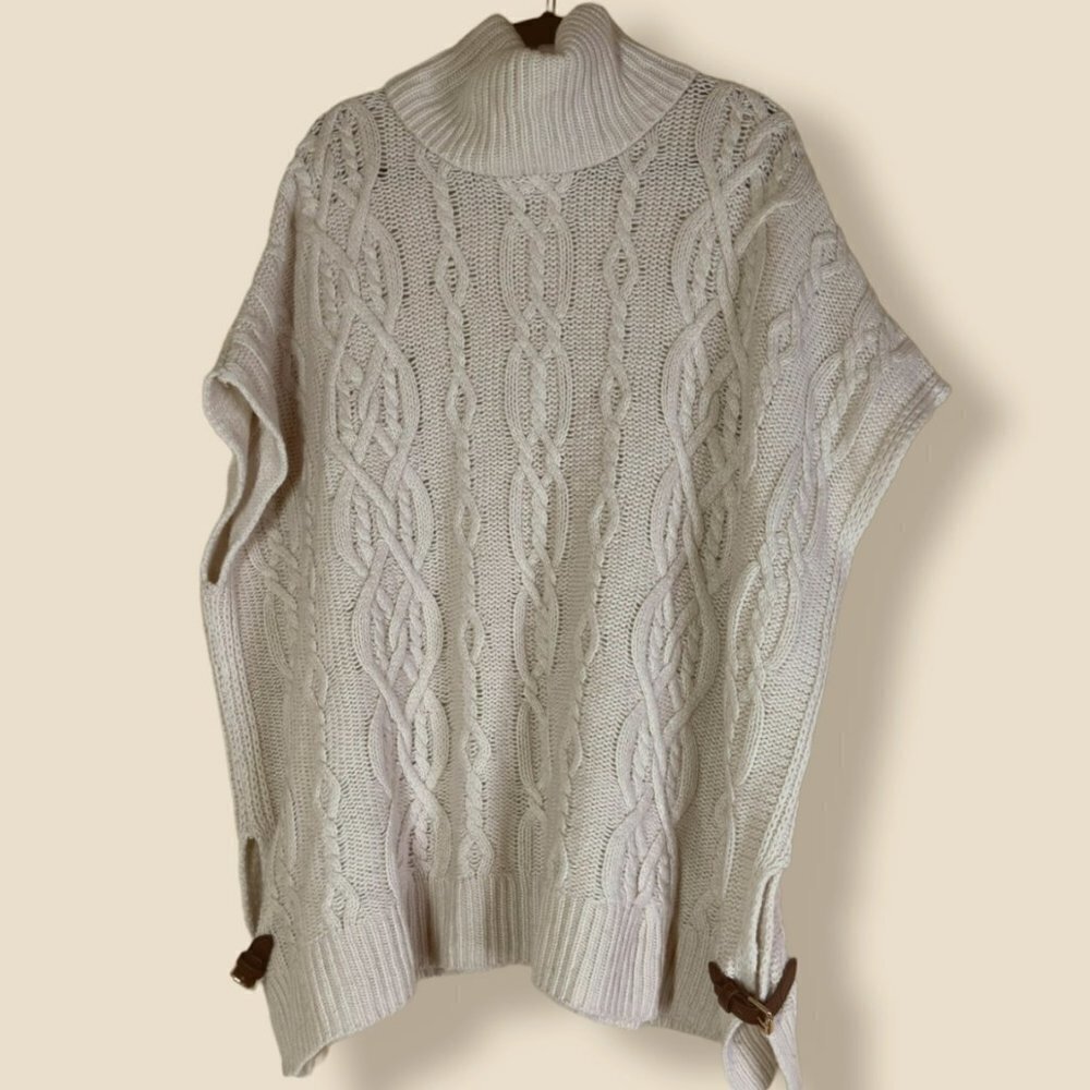 MAX Studio Lambs Wool & Leather Buckles Poncho Cape Sweater Oversized Size Small
